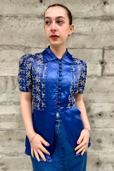 1940’s Embroidered Royal Blue Silk Blouse Selected by Nomad Vintage