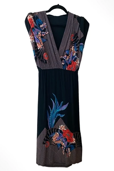 1970s Rayon Crepe Fan Print Midi Dress Selected By Ritual Vintage