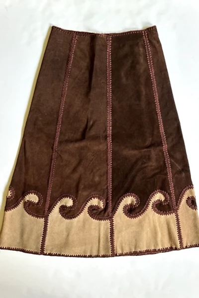 Vintage 1970s Brown Suede Patchwork Wave Maxi Skirt Selected by Cherry
