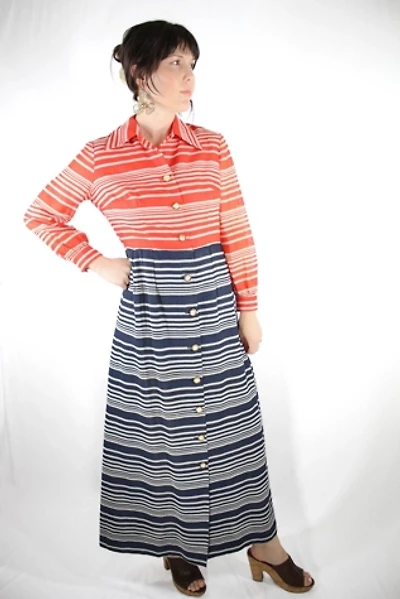 1960s Red White & Blue Striped Maxi Dress Selected By Moons + Junes Vintage