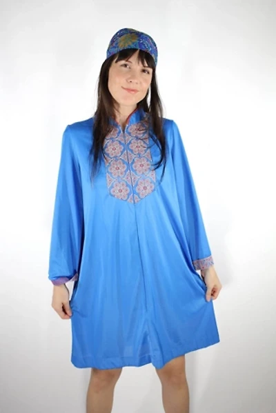 1970s Blue Kaleidoscope Kaftan Midi Dress Selected By Moons + Junes Vintage