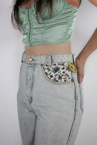 1980s Floral Print Patchwork Acid Wash Jeans Selected By Moons + Junes Vintage