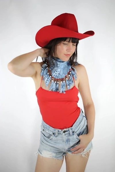 1980s Western Fringe Beaded Bandana Scarf Selected By Moons + Junes Vintage