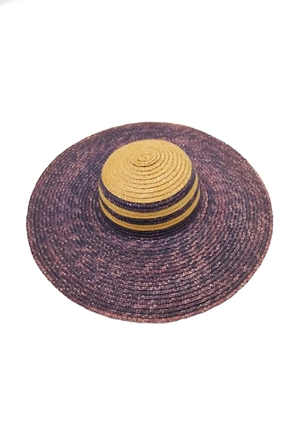 1960s Navy Straw Striped Wide Brim Beach Hat Selected By Moons + Junes Vintage