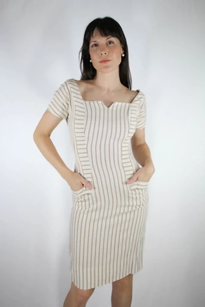 1950s Striped Off-The-Shoulder Fitted Midi Dress Selected By Moons + Junes Vintage