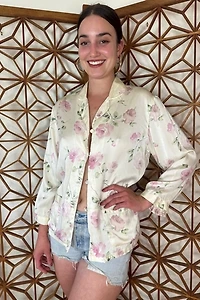 Pink Rose Print Floral Silk Pajama blouse Selected by Picky Jane