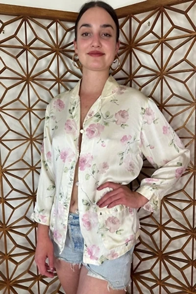 Pink Rose Print Floral Silk Pajama blouse Selected by Picky Jane