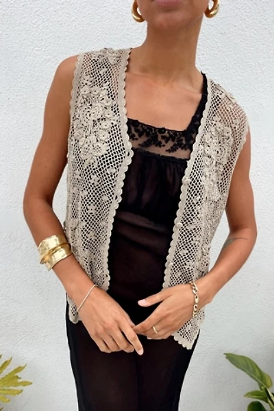 Taupe Crochet Floral Vest Selected by Madly Vintage