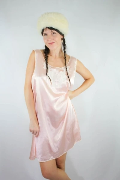 1980s Intimates Pink Satin Lace Dress Selected By Moons + Junes Vintage