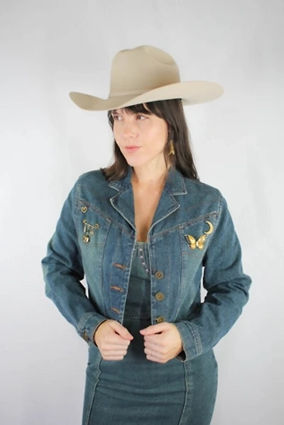 1990s Denim Gold Vintage Brooch Jacket Selected By Moons + Junes Vintage
