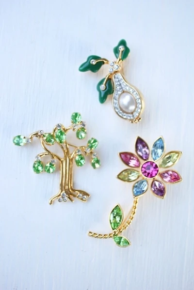 Vintage Rhinestone  Pearl Pear Floral Tree Brooch Set Selected By Moons + Junes Vintage