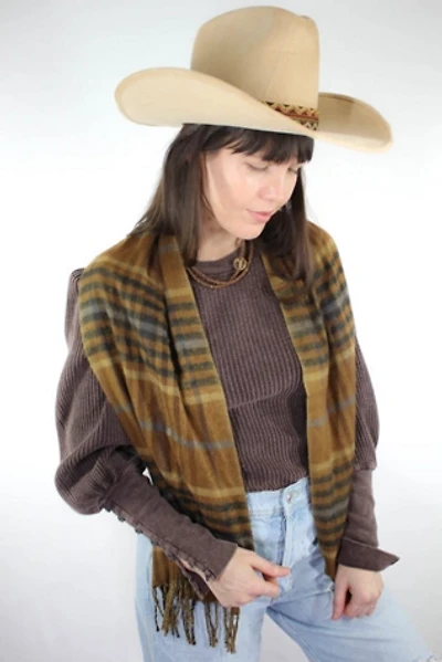 Vintage Brown Plaid Fringe Scarf Selected By Moons + Junes Vintage
