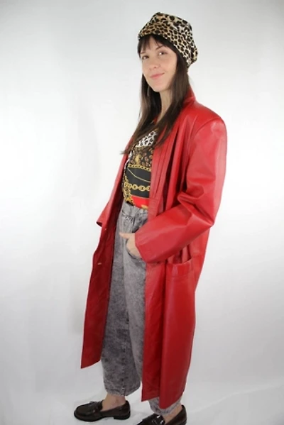 Vintage Red Leather Trench Coat Selected By Moons + Junes Vintage