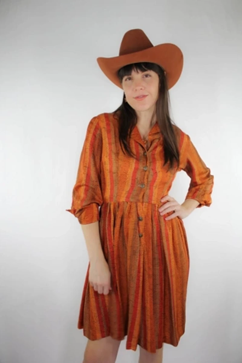 Handmade 1960s Striped Burnt Orange Pleated Midi Dress Selected By Moons + Junes Vintage
