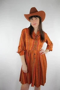 Handmade 1960s Striped Burnt Orange Pleated Midi Dress Selected By Moons + Junes Vintage