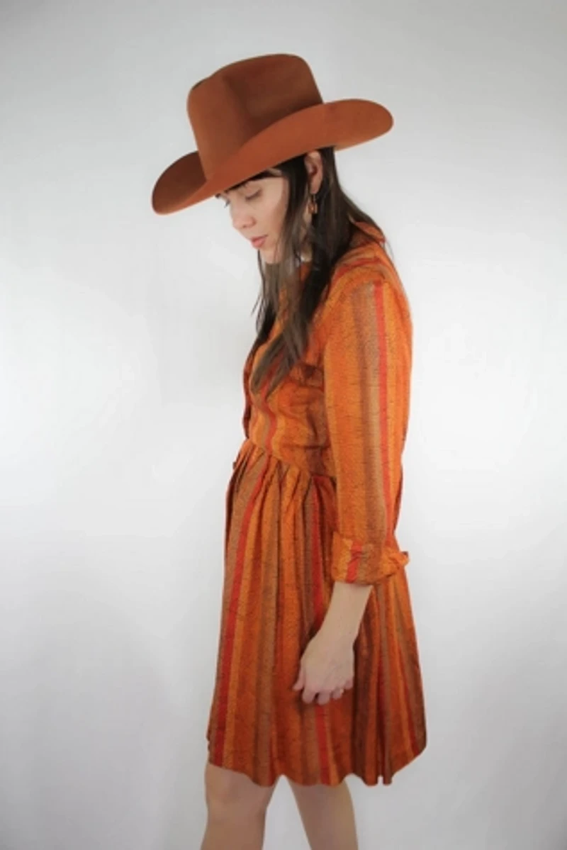Handmade 1960s Striped Burnt Orange Pleated Midi Dress Selected By Moons + Junes Vintage
