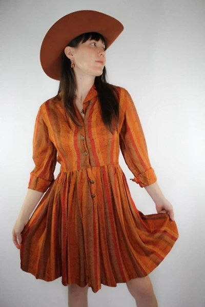 Handmade 1960s Striped Burnt Orange Pleated Midi Dress Selected By Moons + Junes Vintage