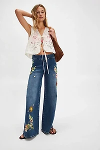 Driftwood Pull-On Wide-Leg Jeans