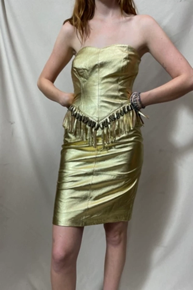 Gold Leather Strapless Fringe Party Dress Selected by Cannonball and Tilly