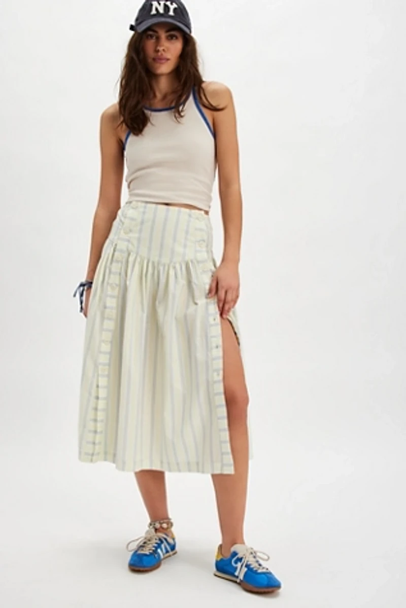 The Tiny Big Sister Striped Buttoned Midi Skirt