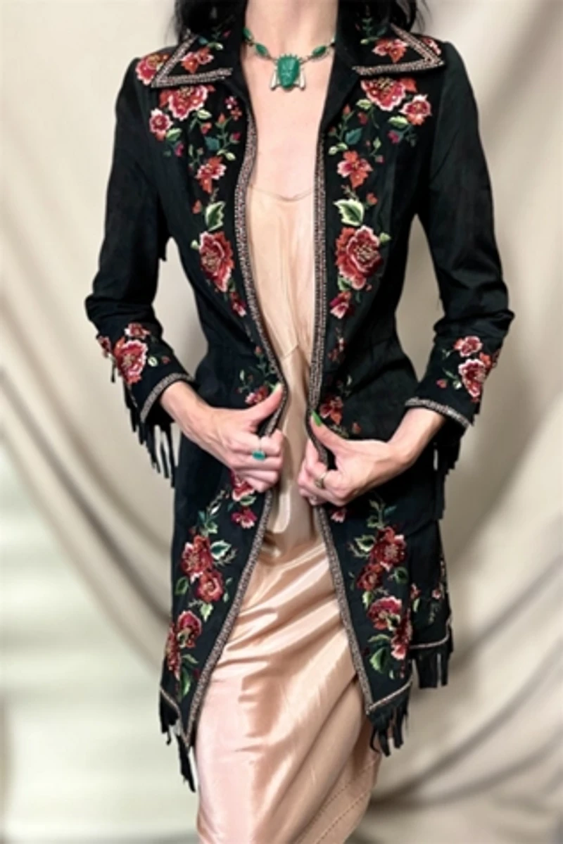 Suede Embroidered Fringe Y2K Jacket Selected by Cannonball and Tilly