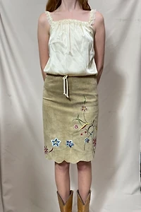 Suede Embroidered Floral Y2K Skirt Selected by Cannonball and Tilly