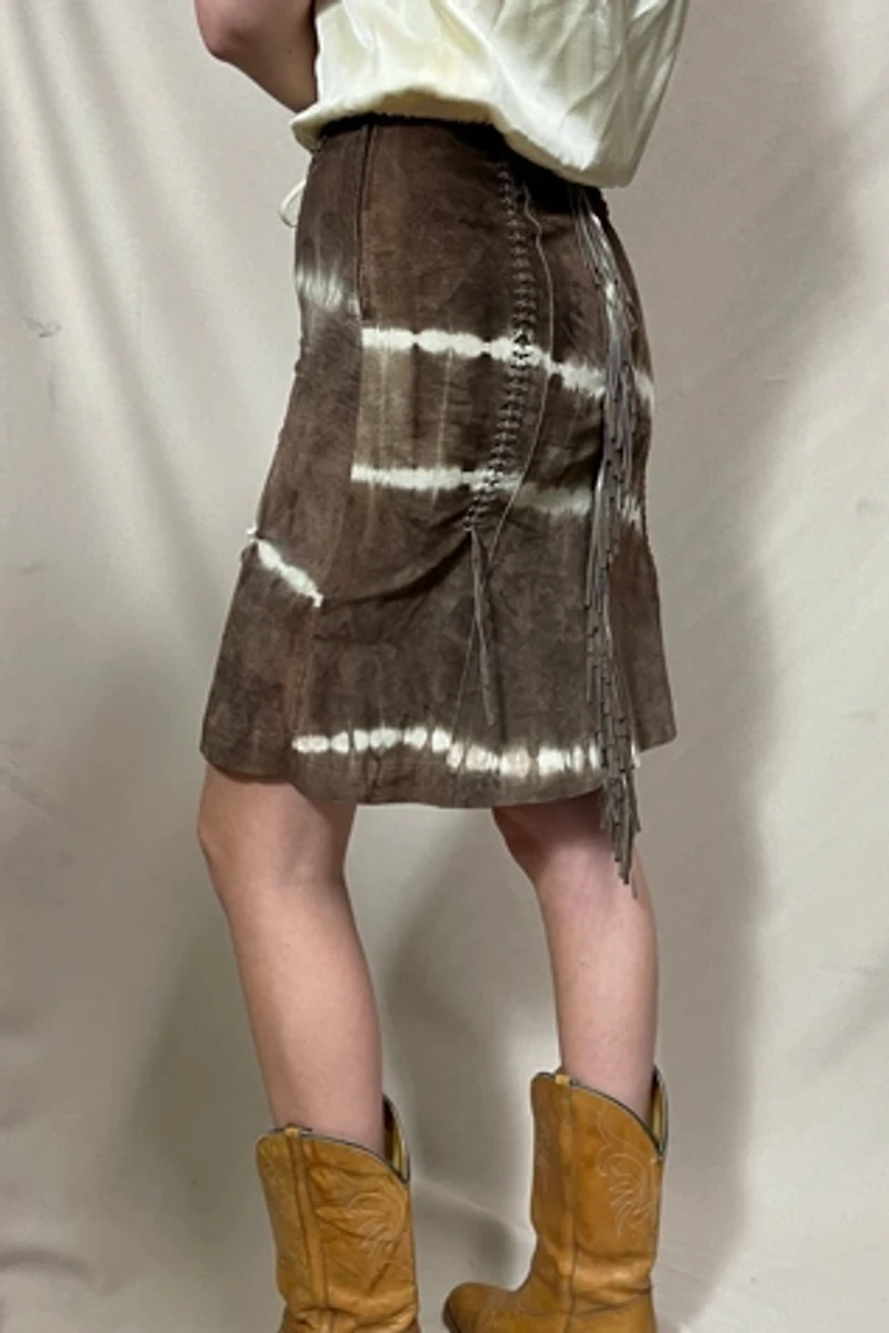 Tie Dyed Suede Fringe Y2K Skirt Selected by Cannonball and Tilly