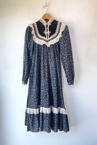 Vintage Gunne Sax Black Blue Floral Velvet Dress Selected by The Curatorial Dept.