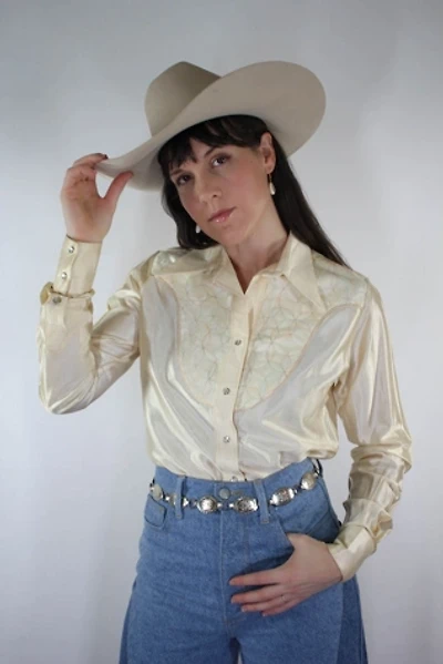 Vintage Ivory Satin Western Rockmount Pearl Snap Blouse Selected By Moons + Junes Vintage