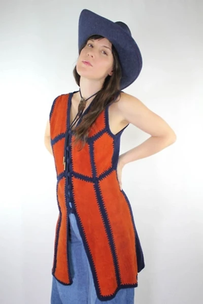 1970s Crochet Suede Patchwork Long Sweater Vest Selected By Moons + Junes Vintage