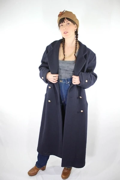 Vintage Navy Wool Floor Length Trench Coat Selected By Moons + Junes Vintage