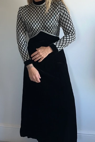 Vintage Long Sleeved Velvet and Metallic Silver Dot Maxi Dress Selected by KA.TL.AK