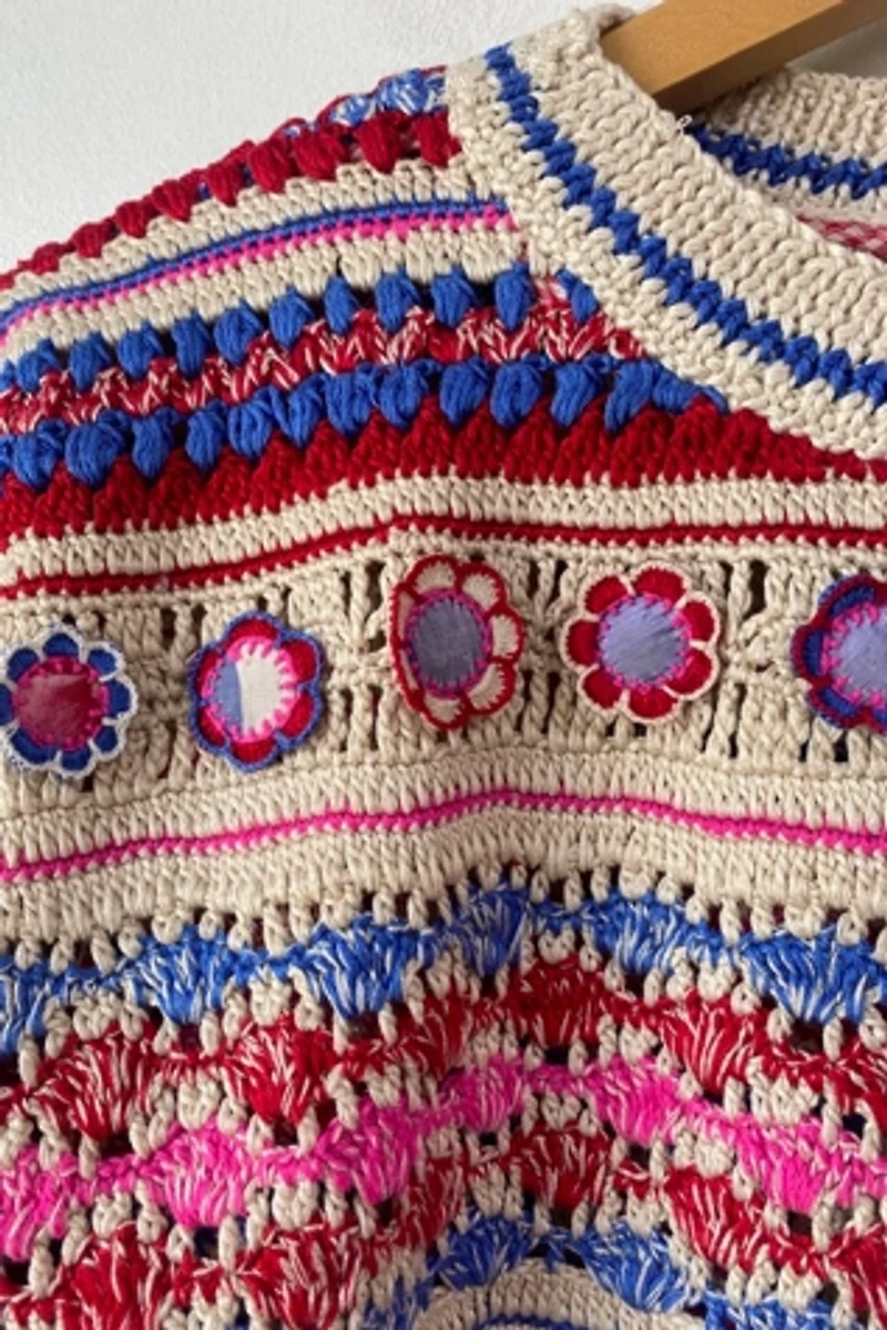 Pero Crochet Hand Knit  Floral Faire Isle Sweater