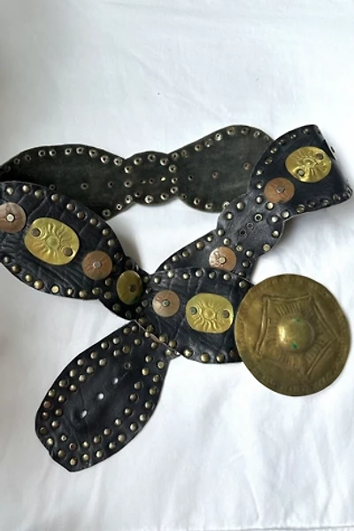 Vintage 1980s Wide Leather Studded Belt with Brass Buckle Selected by Cherry
