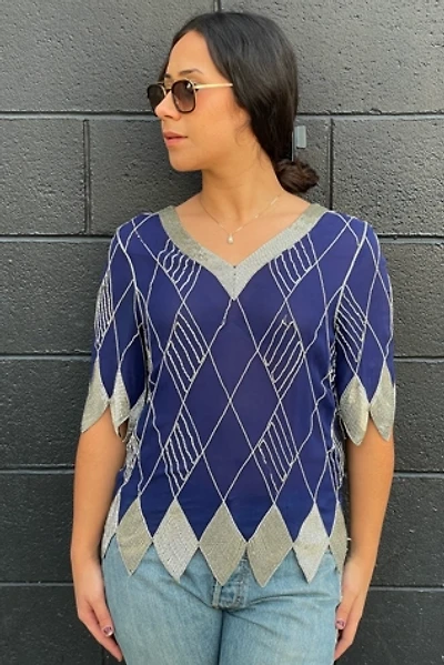 Vintage 1980's Silver Diamond Beaded Blue Top Selected by FernMercantile