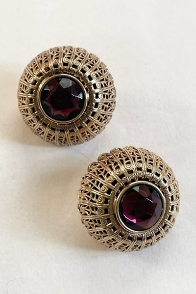 Vintage 1980's Raised Button Clip Earrings with Purple Stone Clip Earrings Selected by FernMercantile