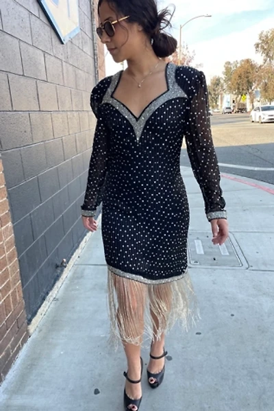 Vintage 1980's Silver Fringe Silk Black Dress Selected by FernMercantile