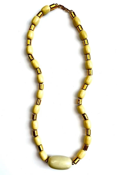 1960’s Gold Metal & Cream Wood Beads Statement Necklace Selected by Nomad Vintage