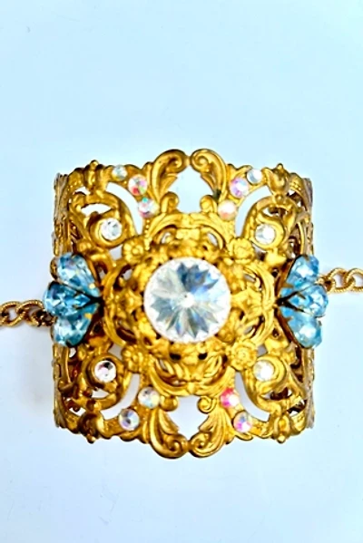 1940’s Ornate Gold Cuff Bracelet with Inset Crystals Selected by Nomad Vintage