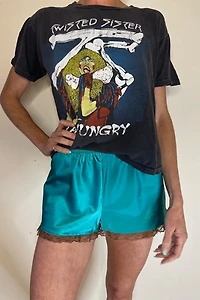 Teal Aqua  Satin Tap Shorts with Brown Lace Selected by Picky Jane