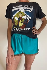 Teal Aqua  Satin Tap Shorts with Brown Lace Selected by Picky Jane