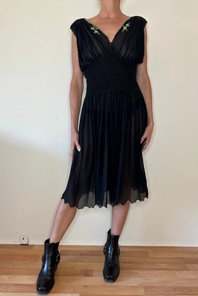 Hand Smocked Vintage Bias Chiffon Silk Dress with Embroidery Selected by Picky Jane