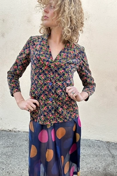 Vintage Blue Rose Print Velvet Jacket Selected by The Curatorial Dept.
