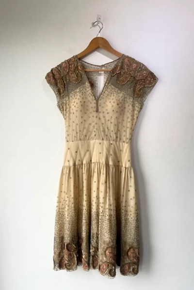 Vintage 1940's Brown Paisley Embellished Party Dress Selected by The Curatorial Dept.