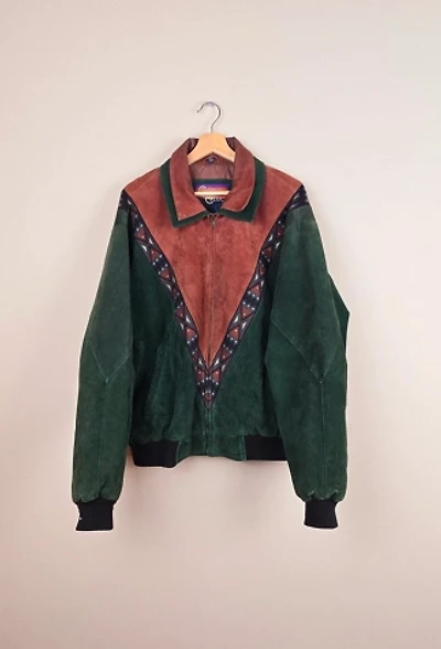 Rare Vintage Cripple Creek Suede Leather Jacket in Green with Aztec details