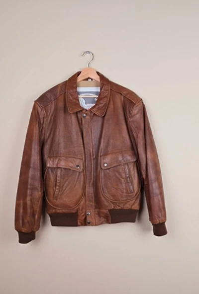 90s Vintage Aviation Style Glazed Brown Leather Jacket (FP42) selected by The Igala NYC