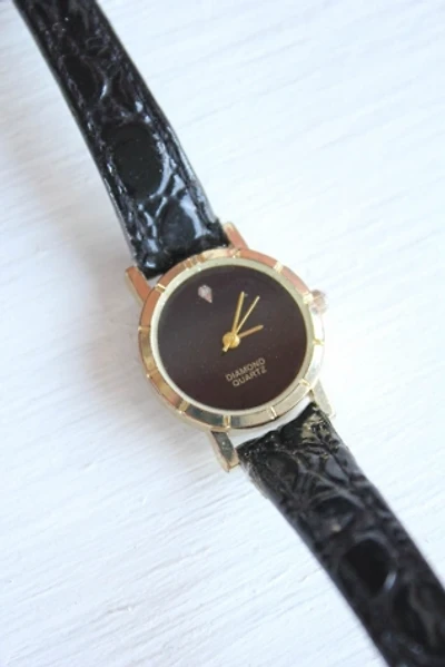 Vintage Rhinestone Diamond Black Leather Watch Selected By Moons + Junes Vintage