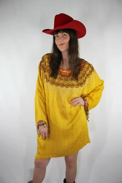 1970s Embroidered Sequin Fringe Oversized Tunic Dress Selected By Moons + Junes Vintage