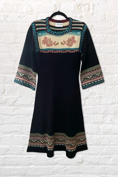 1970s Collage Intarsia Bell Sleeve Sweater Dress Selected By Ritual Vintage