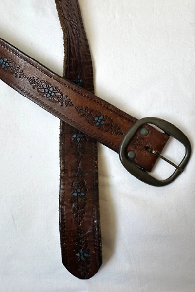 Vintage Brown and Turquoise Tooled Leather Belt Selected by Cherry